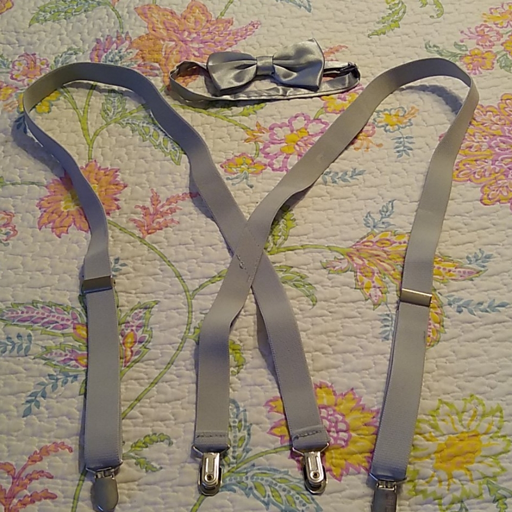 Light gray suspenders and bow tie